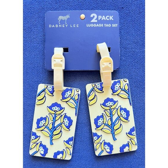 Dabney Lee 2 Pack Luggage Tag Set Blue Yellow Flower Silicone Travelers Gift - Picture 1 of 4